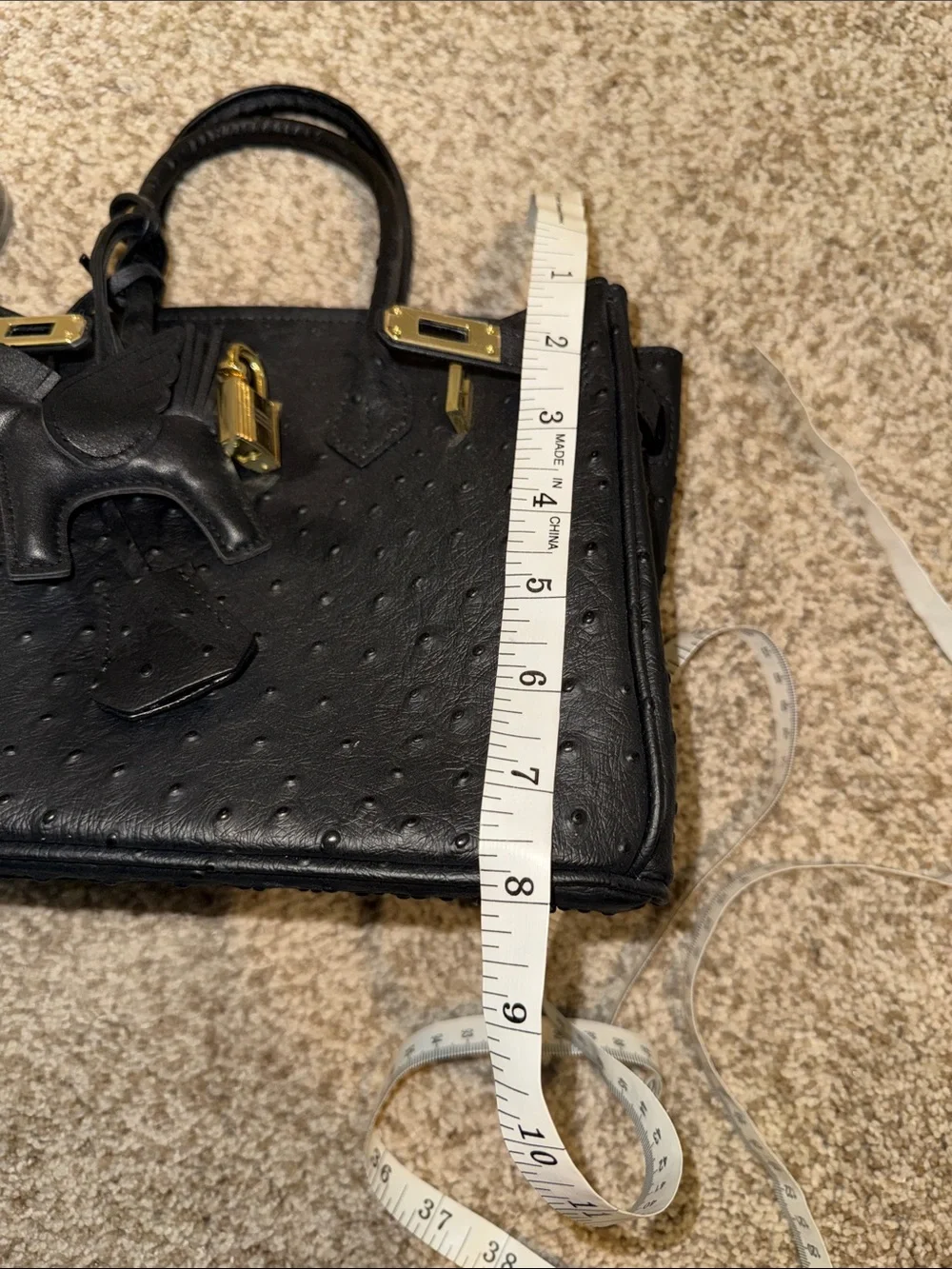 Black Ostrich-Texture Top Handle Bag with Gold Hardware 20cm